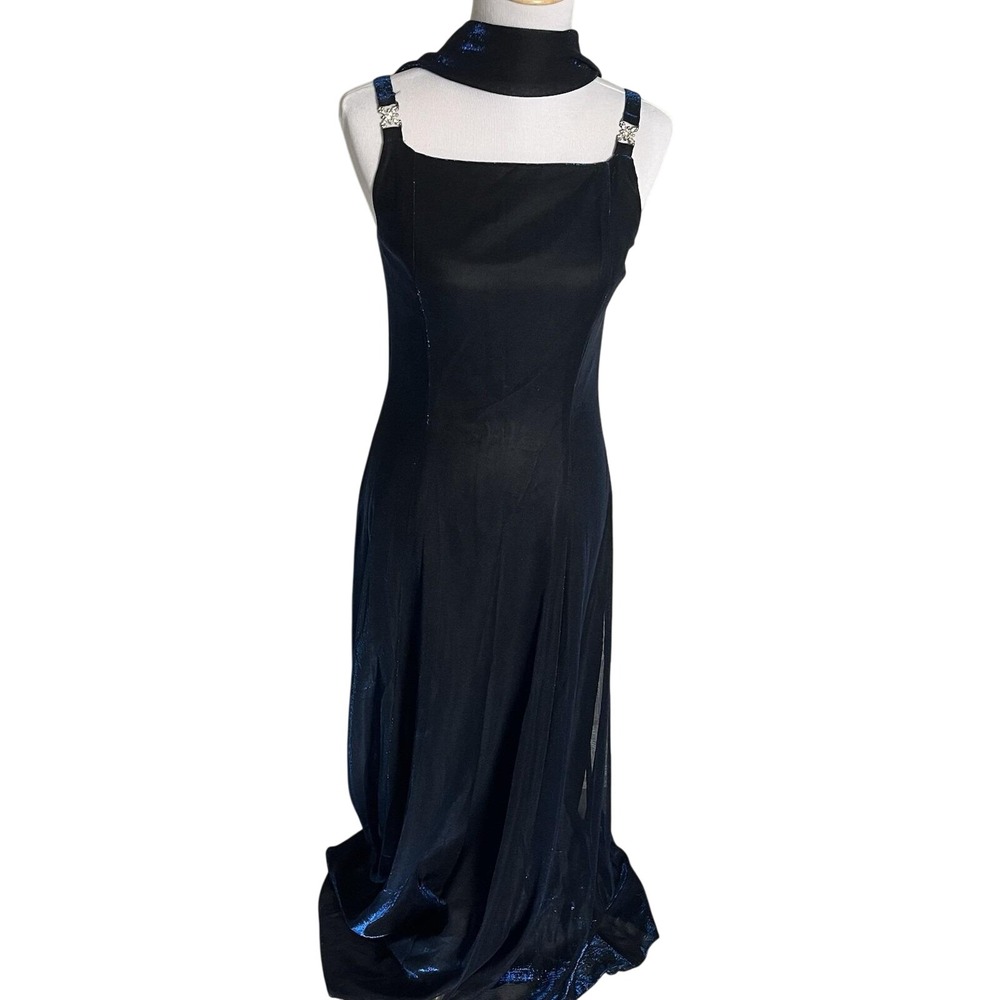 90s Formal Dress Size 8 Blue Black Metallic Shifting Iridescent Scarf Gems VTG